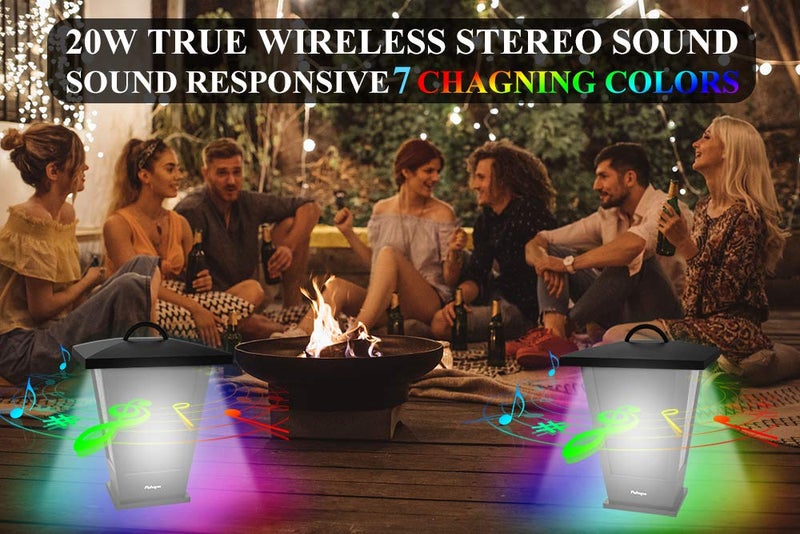 pohopa Bluetooth Speakers Waterproof, 2 Packs True Wireless Stereo Sound 20W Dual Pairing Lantern Outdoor Speakers with 20 Piece Sound Responsive LED Color Lights, Richer Bass, Black - Image 2